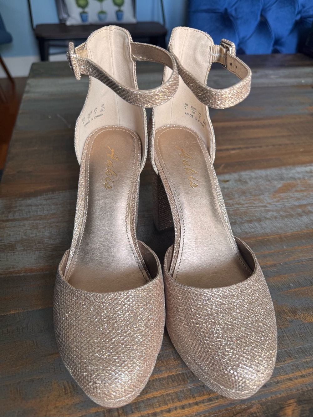 Aukis Metallic Gold Ankle-Strap Block Heels